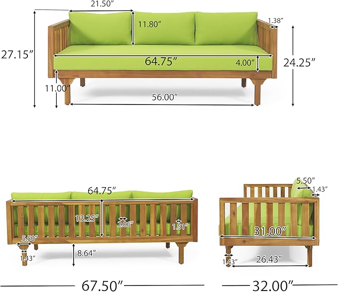 Christopher Knight Home Claremont Outdoor 3 Seater Daybed with Cushions - Acacia Wood - Teak/Green