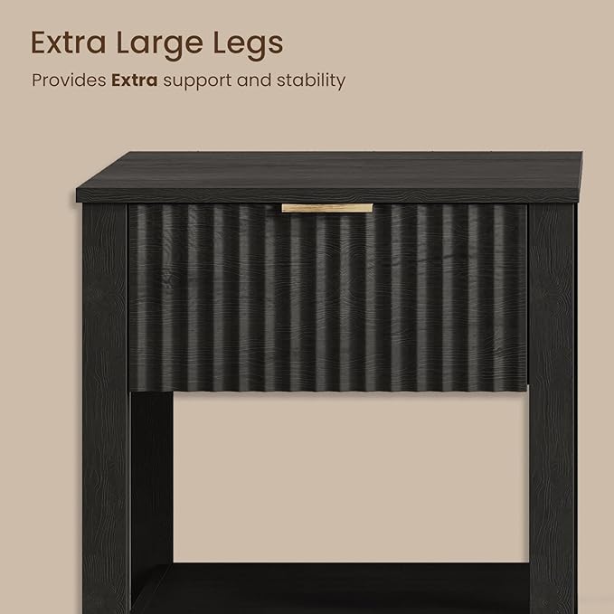 Fluted Night Stand with Golden Handle,Mid-Century Nightstands with Drawer,Modern Bedside Table with Storage Shelf,Large End Tables for Livingroom,Bed Side Tables for Bedroom,Black Wood Grain