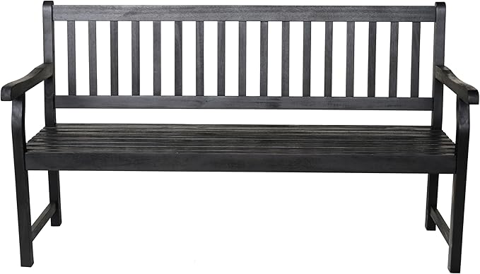 JONATHAN Y BNH101C Laurel 59.1" 3-Seat Slat-Back 600-Lbs Support Acacia Wood Outdoor Garden Patio Bench for Garden, Lawn, Backyard, Pool, Deck, Beach, Firepit, Black