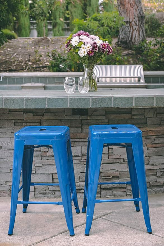 Vogue Furniture Direct 24 Inch Metal Bar Stools, Backless Counter Height Barstools, Indoor Outdoor Stackable Stools with Square Seat, Set of 2 (Blue)
