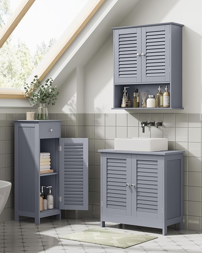 VASAGLE Storage Cabinet, Small Slim Floor Cabinet with Drawer and Shutter Door, for Living Room, Bathroom, Bedroom, 11.8 x 12.6 x 34.3 Inches, Dove Gray UBBC043G02