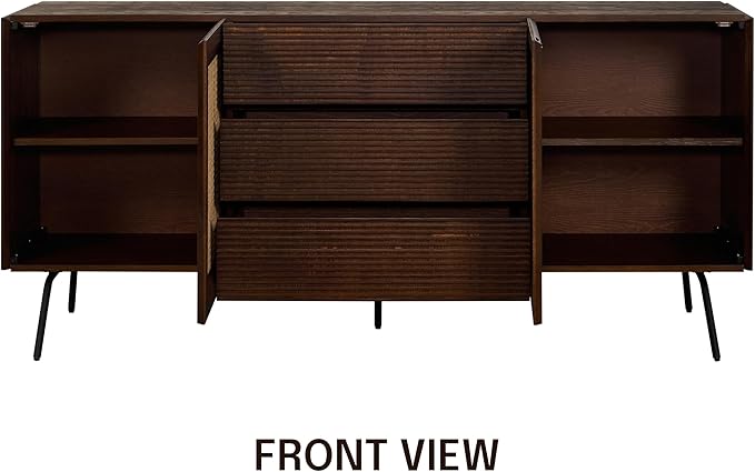 NTC MOSSIC Large Sideboard with 2 Doors and 3 Drawers, Buffet Cabinet with Natural Rattan and Metal Legs, Modern Storage Cabinet for Living Room, and Hallway, Effortless Assembly - Dark Walnut