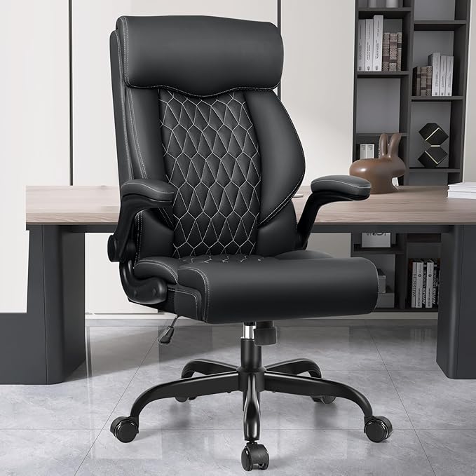 High Back Executive Office Chair - Ergonomic Computer Desk With Rocking Function, Leather Managerial With Adjustable Flip-Up Armrests and Lumbar Support