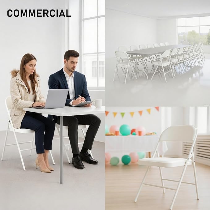SEALAMB 4 Pack White Folding Chairs with Padded Seats & Cushion, Durable Metal Foldable Chairs for Wedding Party, Commercial Chairs for Office School Church Events, 330lb Capacity (White-PU, 4 Pack)