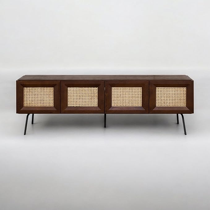 NTC Mossic TV Media Cabinet with 4 Doors for TVs, Entertainment Center with Natural Rattan, Metal Legs, Modern Storage Console for Living Room and Bedroom, Effortless Assembly, Dark Walnut