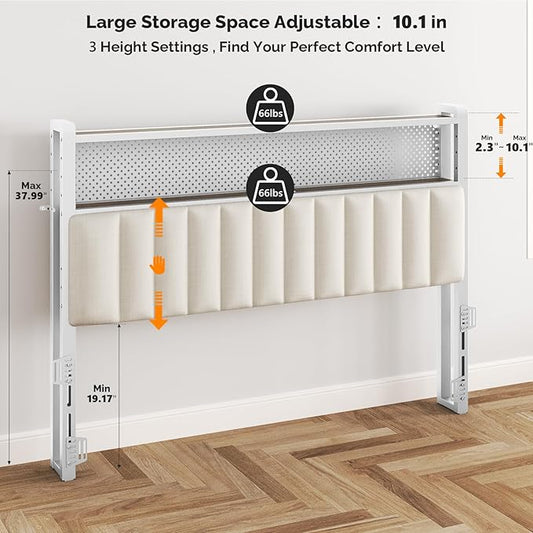 VINGLI Full Size Headboard Only, Adjustable Upholstered Headboard with 2 Tier Shelves and Pegboard with Charging Stations and LED Lights, Modern Bed Headboard with Storage for Bedroom Decor