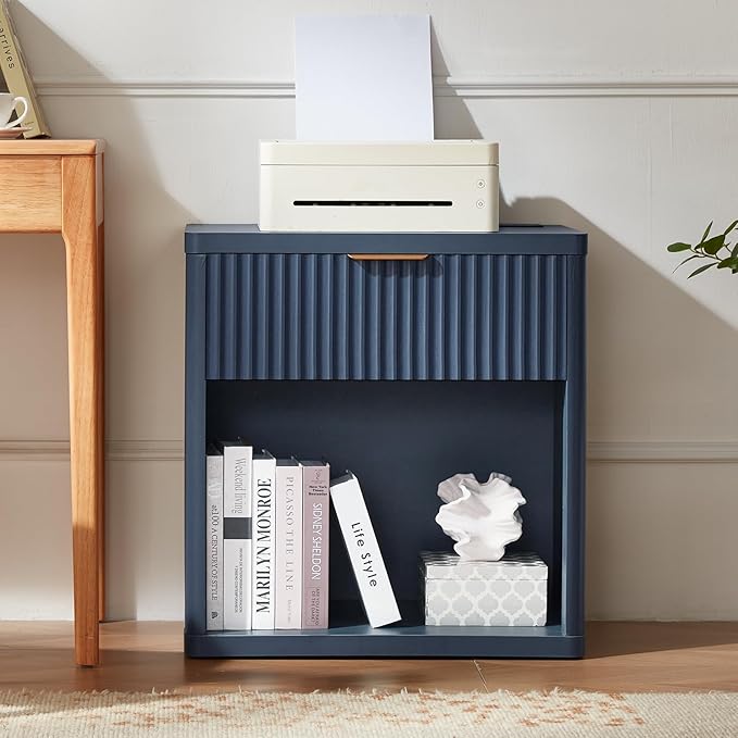 LEYAOYAO Fluted Nightstand with Charging Station, 23" Wide 1 Drawers End Table,Blue Night Stand with Open Storage Cabinet, Farmhouse Bed Side Tables, Wood Dresser for Bedroom, Living Room, Closet