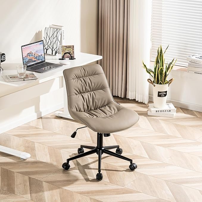 Kidol & Shellder Faux Leather Office Chair, Adjustable Swivel Height Task Chair, Rolling Wheels & Soft Backrest - Armless Ergonomic Desk Chair for Home, Office,Vanity,Gaming(Khaki)
