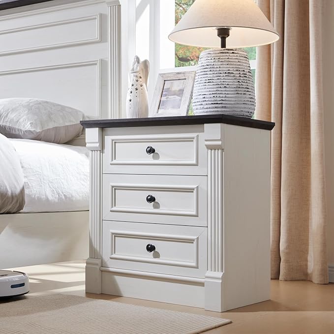 26" Tall Nightstand with Charging Station, Farmhouse 23.6" Wide Large End Table w/Roman Column, Wood Rustic Side Table w/Metal Handle, 3 Drawers Dresser for Bedroom, Living Room, White