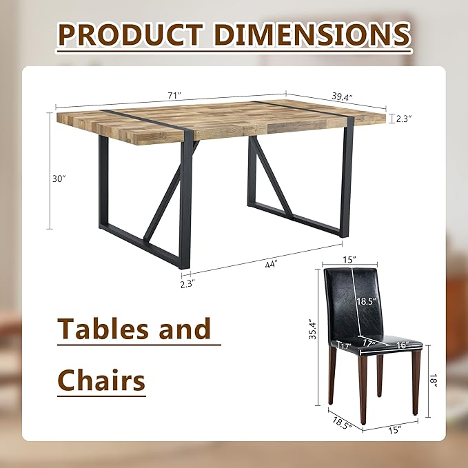 Dining Table Set for 6,Dinner Table Set for 6,71'' Kitchen Table and PU Leather Chairs Set of 6,6 Chair Dining Table Set for Kitchen Dining Room