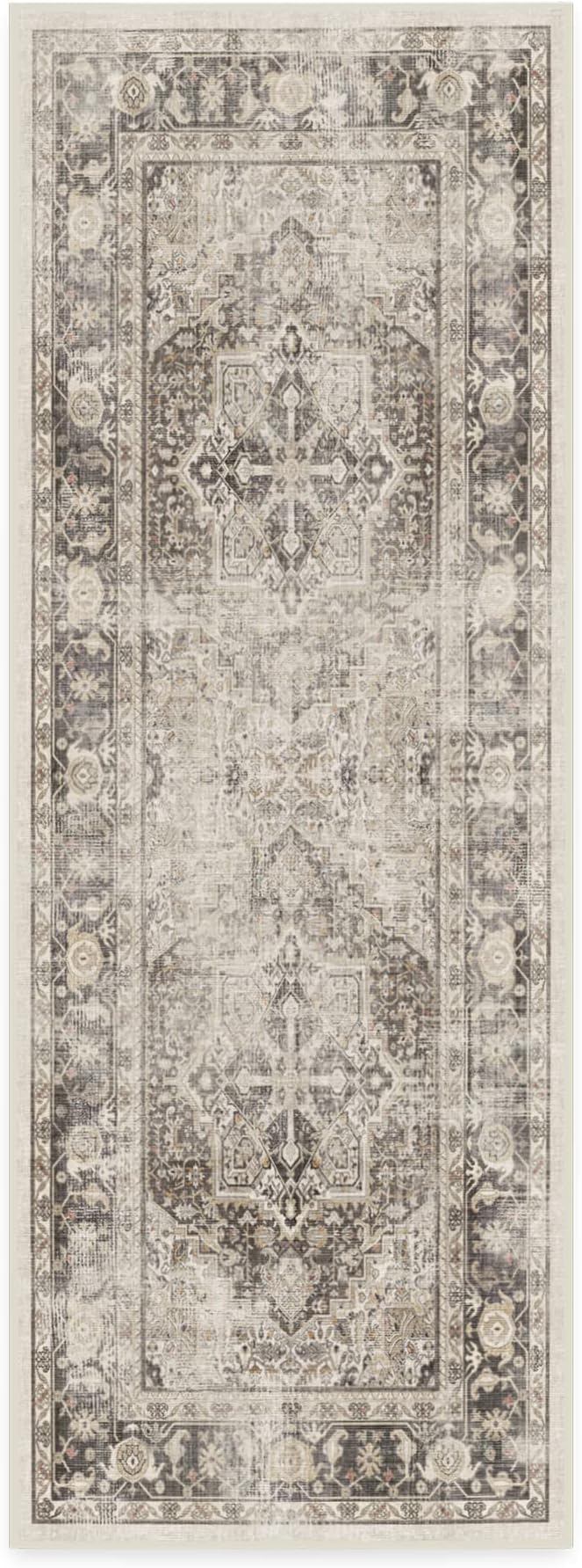 RUGGABLE Washable Vintage Runner Rug – Kamran Hazel 2.5x7, Stain-Resistant, Non-Slip Hallway Runner – Machine Washable Rug for Hallway, Entryway, Living Room & Kitchen–with Standard Pad