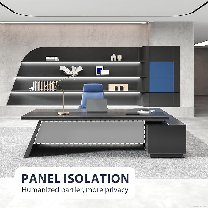 L-Shaped Black Executive Desk with Drawers, Large Modern Executive Office Desk with Storage Cabinets, Cable Box, Wide Desktop โ Home Office Desk (Left, 79" L * 63" W * 30" H)
