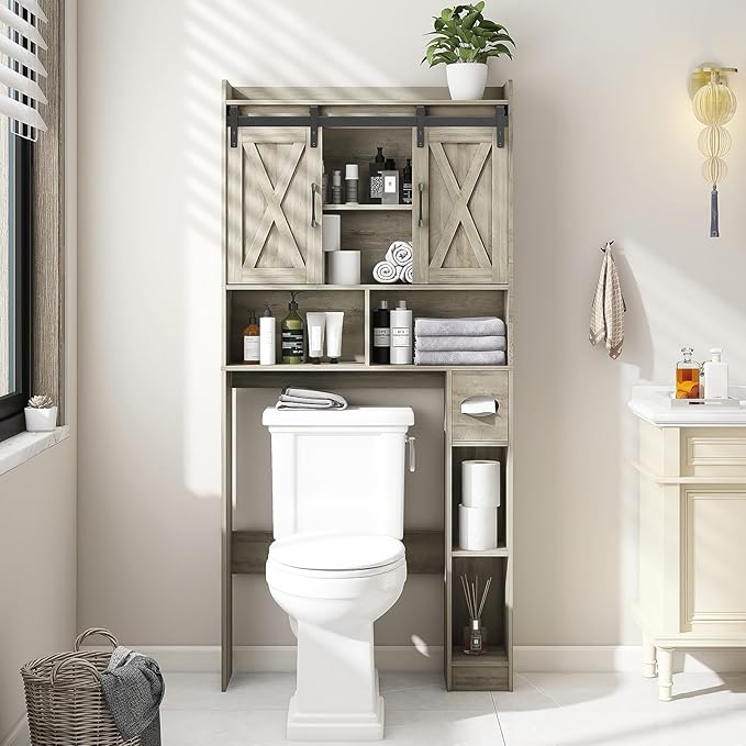 Vabches Over The Toilet Storage Cabinet, Farmhouse Storage Cabinet Over Toilet with Sliding Door& Toilet Paper Holder Stand,Home Space-Saving Toilet Rack, for Bathroom, Restroom, Laundry