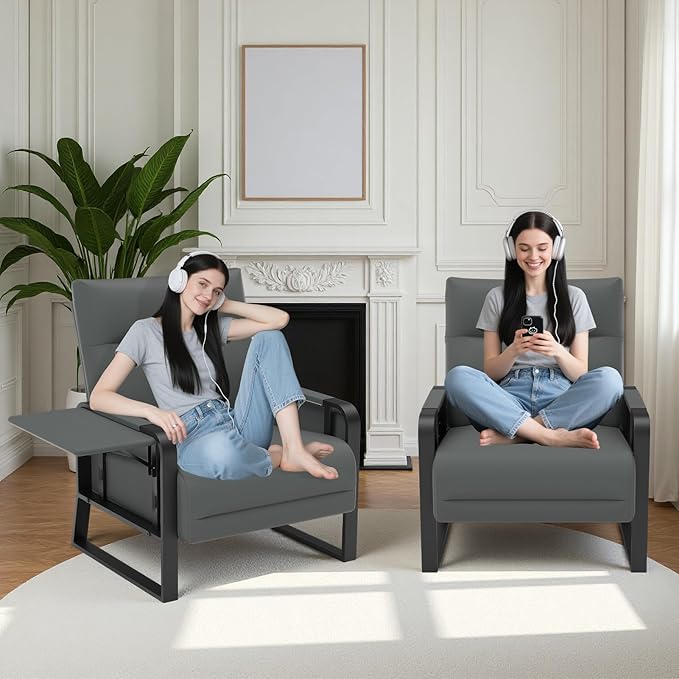 Faux Leather Accent Chairs Set of 2 with Flip Up Tray Tables Soft Backrest for Living Room Office Bedroom Modern Accent Chairs, Gray