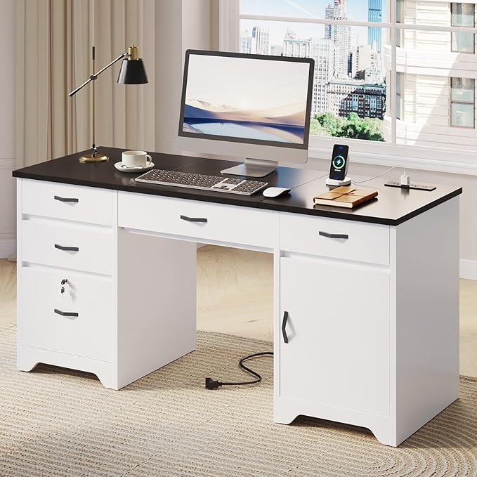 Bestier 59” Office Desk with Lockable Drawers, Modern Computer Desk with File Drawer, Charging Station & Drop-Front Keyboard Drawer, Executive Desk with Storage Cabinet for Home Office & Studio, White