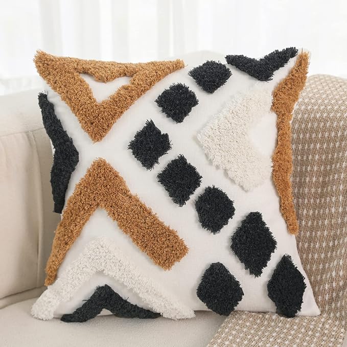 IKATYARN 18 x 18 Inches Geometric Tufted Chenille Throw Pillow Cover, Boho Modern Decorative Cushion Case, Farmhouse Pillowcase for Couch Sofa Bedroom Living Room, Tan Charcoal White