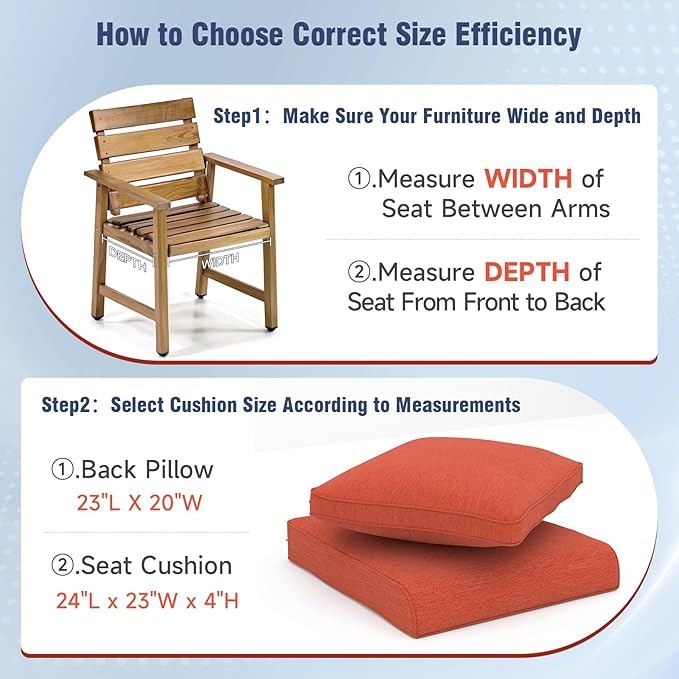 Outdoor Chair Cushions 23" x 24" x 4", Patio Deep Seat Replacement Cushions Set with Zippered Removable Cover, Weather-Resistant Olefin Fabric for Garden Chair Sofa Couch, Red