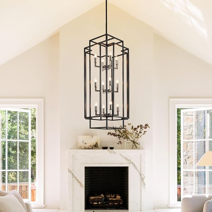 High Ceiling Entryway Chandelier: 12-Light Farmhouse Lantern Chandelier, Industrial Large Pendant Light Fixtures, Foyer Chandeliers for High Ceilings, for Entry, Staircase, Hallway (Black & Silver)