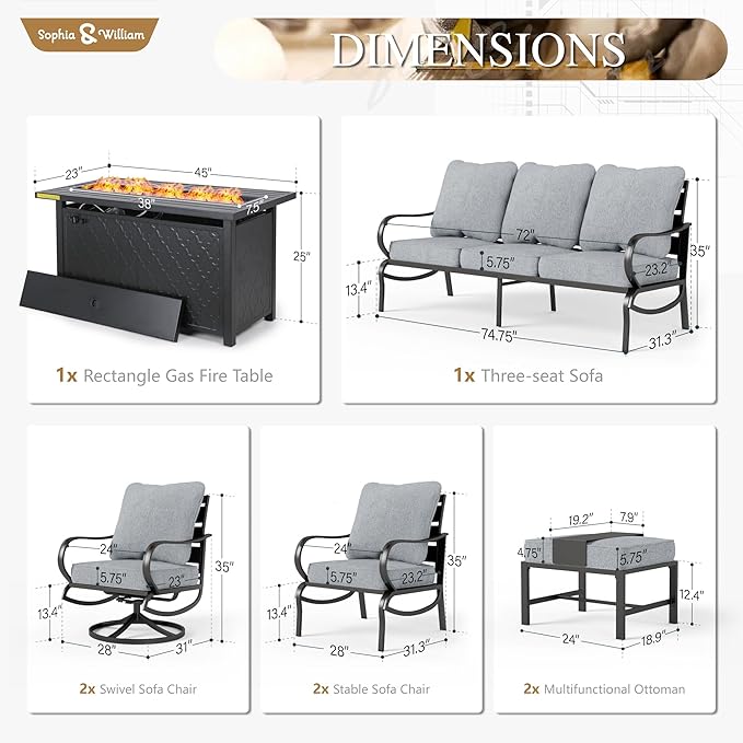 Sophia & William Patio Furniture Sets for 7 with Fire Pit Table 45", Outdoor Patio Furniture Set 8 Pcs, Convesation Set with 4 x High Heavy Sofa Chairs, 1x3-Seat Sofa, for Porch Poolside Blue