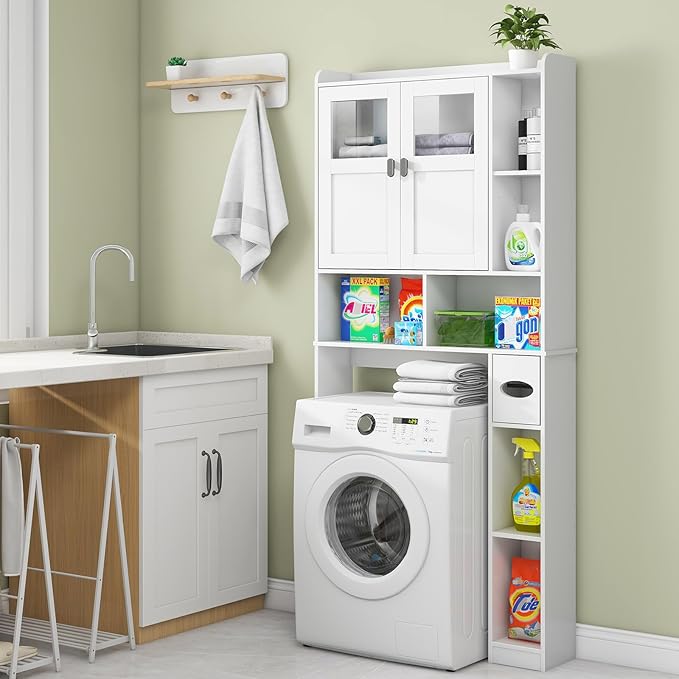 Vabches Over The Toilet Storage Cabinet, Bathroom Shelf Over Toilet with Glass Doors and Adjustable Shelves, White Freestanding Home Space Save Toilet Rack for Restroom, Bathroom, Laundry