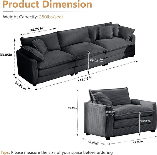 mikibama Luxury 3 Piece Sofa Set, 3-Seater & 2 Single Sofa Set, Modern Corduroy Comfy Cloud Couches Set for Living Room Office with 2 Armrest Pillows and 5 Toss Pillows, Grey