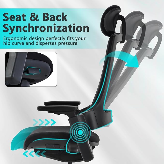 CLATINA Ergonomic High Swivel Executive Chair with Adjustable Height Head 3D Arm Rest Lumbar Support and Upholstered Back for Home Office Studio, Black Fabric, 2 Pack
