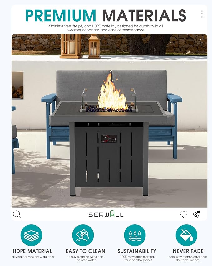 SERWALL Patio Furniture Set with 33” Fire Pit Table, HDPE Outdoor Sectional Sofa Set with Thickened Cushions, Blue Frame with Grey Cushions
