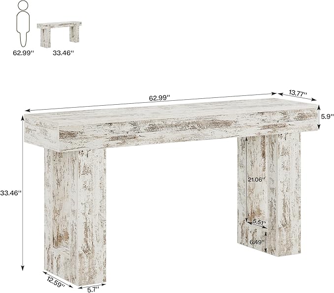 Tribesigns 63-Inch Long Console Table, Wooden Rectangular Sofa Table Behind The Couch, Farmhouse Entryway Table for Entrance, Hallway, Living Room (Distressed White)