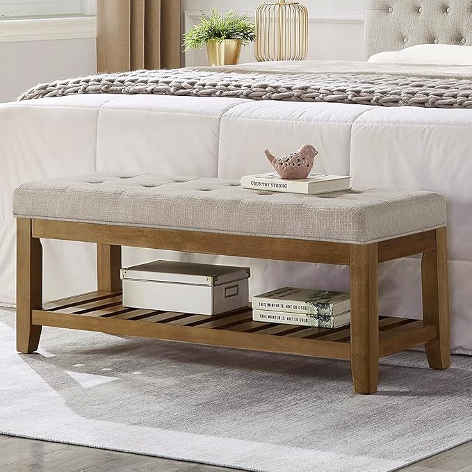 24KF Large Rectangular Upholstered Tufted Linen Fabric Ottoman Bench, Padded Bench with Solid Wood Shelf-Linen