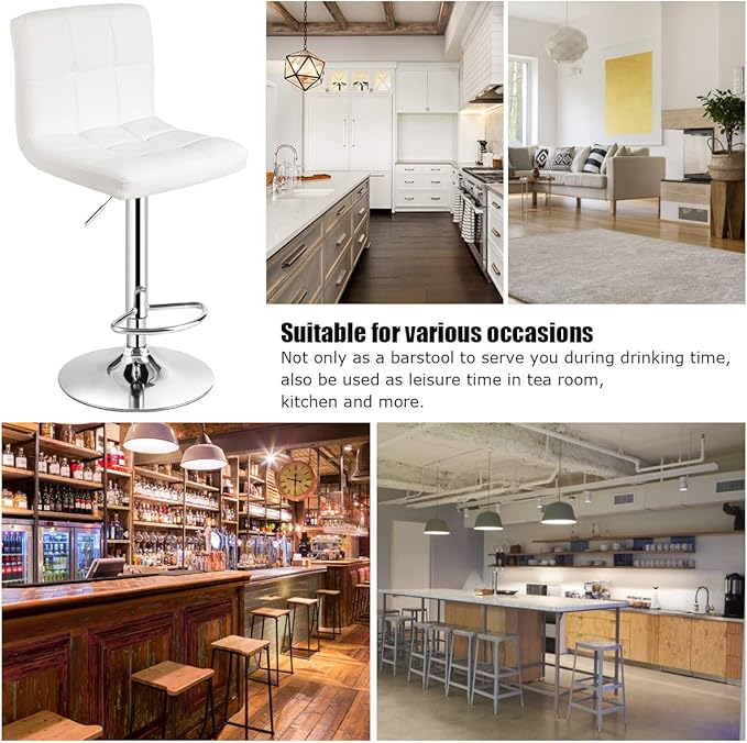 COSTWAY Bar Stool, Modern Swivel Adjustable Height PU Leather Barstools with Back, Square Armless Counter Height Bar Chair for Kitchen Island Dining Living Bistro Pub Counter, White