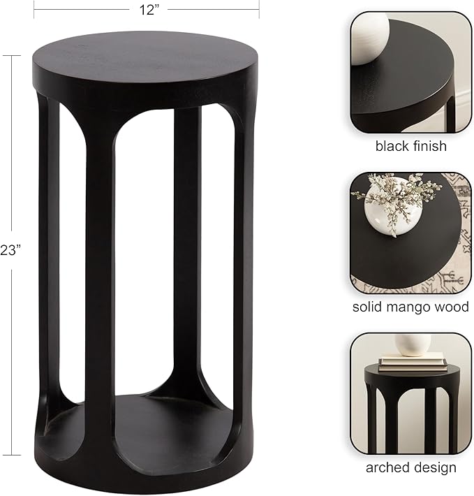 Kate and Laurel Dahl Modern Slatted Wooden Round Drink Table; 12 x 23; Black; Transitional Wood Accent Pedestal Table for Use as Living Room Plant Stand or Small Bedroom Nightstand