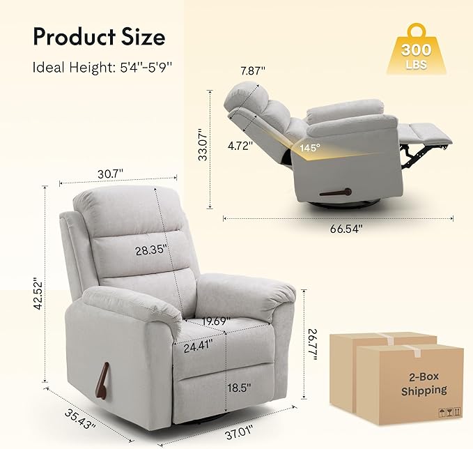 FLEXISPOT XRC6 Nursery Swivel Rocker Recliner with Massage & Heat, Rocking Glider Chair w/ 28" High Back, Comfy Upholstered Armchair for Living Room Nursery, FSC Certified(Ribbed Chenille, Light Grey)