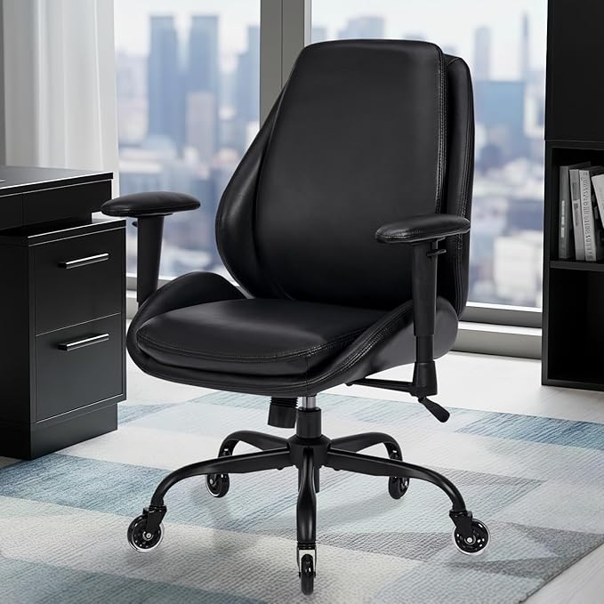 BEWISHOME Home Office Desk Chair, Black Leather Executive Chair with Adjustable Armrests, Computer Chair with Lumbar Support, 360° Swivel Ergonomic Rolling Chair for Adults, Up to 320lbs,BBY02B