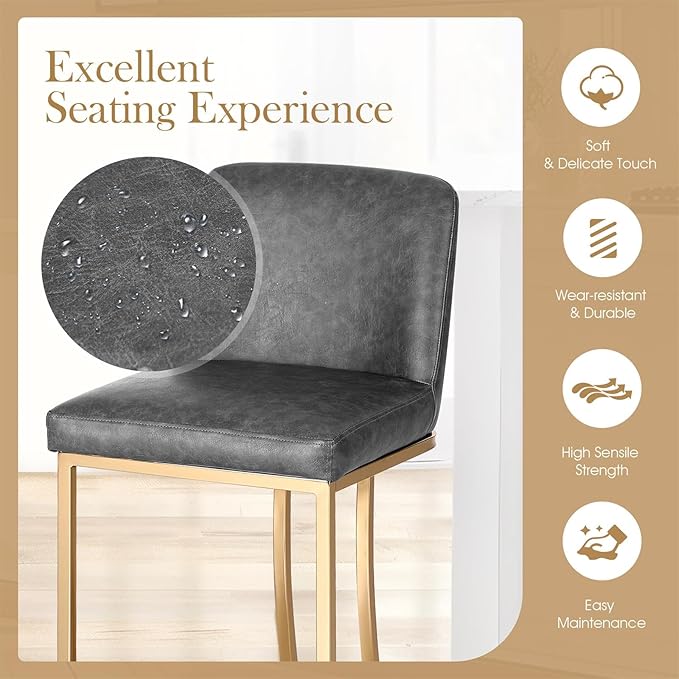 Sophia & William Counter Height Bar Stools Set of 4, Gold Bar Stools for Kitchen Island, Modern PU Leather Counter Stools,Grey & Gold