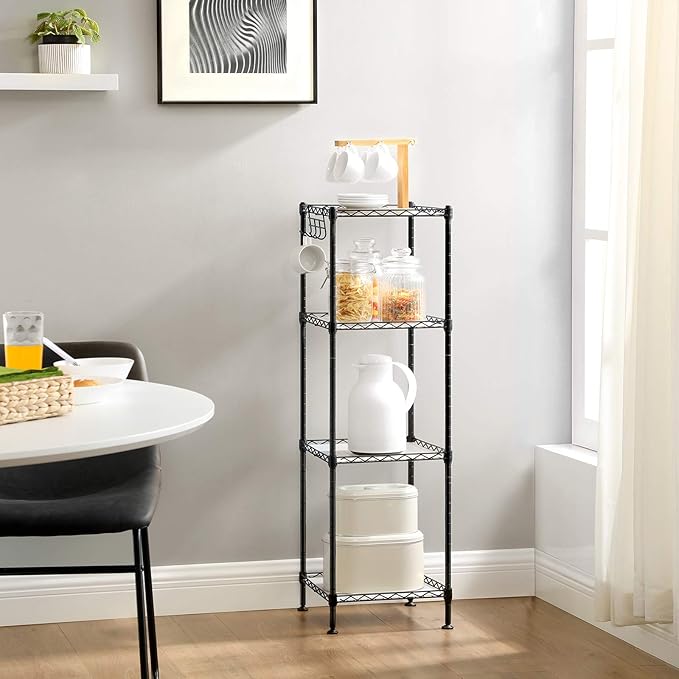 SONGMICS 4-Tier Bathroom Shelf, Storage Rack for Small Space, with 4 PP Shelf Liners, Removable Hook, Extendable Design, Ink Black and Translucent ULGR104B01