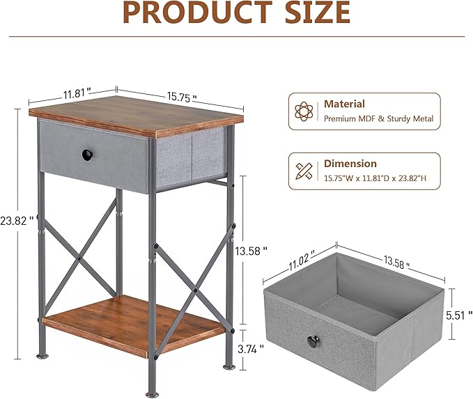VECELO End Tables, Modern Nightstand with Fabric Drawer & Open Shelf, Night Stand for Bedroom Living Room, Industrial Metal Frame, Easy Assembly, Retro Brown,1 Pack
