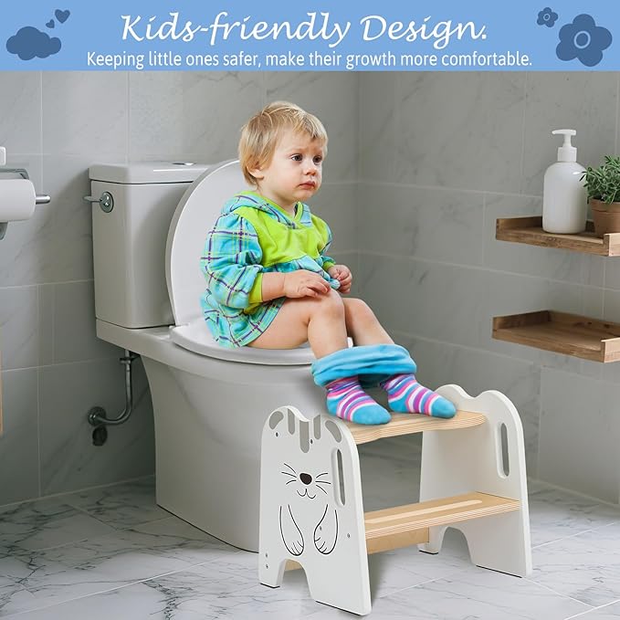 Wooden Step Stool - Two Step Stools Toddler 250 lbs Capacity with Safety Non-Slip Pads - Potty Training Stool for Bathroom Sink, Bedroom, Kitchen Dual Height Step Stools for Kids(Cat|White)