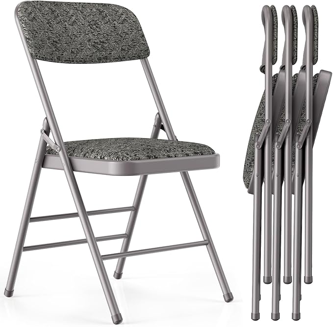 Commercial Grade Folding Chair with Padded Fabric Cushion(16"X16" |Double-hinged Legs Luxury Style|4.5kg Capacity Max Weight 150Kg for Home and Office,Indoor and Outdoor Events (4, Fabric-Grey)