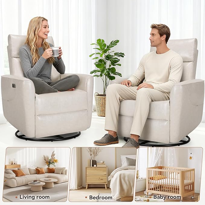 Himimi Power Massage Recliner Chair, Oversized Swivel Rocker Chair with Massage and Heat, Glider Recliner for Adults, USB Charging, Side Pocket, Nursery, Living Room, Bedroom, Ivory