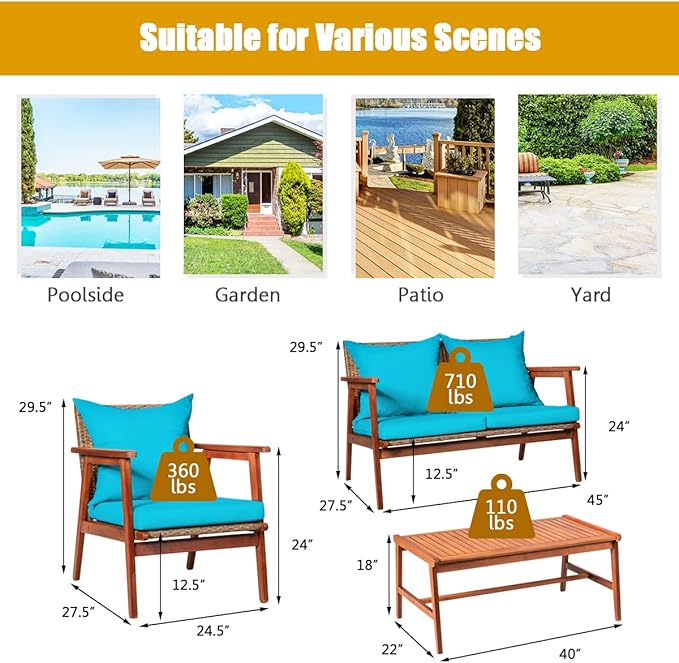 COSTWAY 4 Pieces Acacia Wood Patio Conversation Set, Outdoor Wicker Sofa with Coffee Table & Cushions, Patio Rattan Furniture Set for Yard, Porch, Poolside, Balcony, Backyard, Turquoise