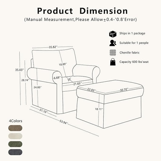 35.82" Accent Chair with Ottoman Upholstered Living Room Chairs for Reading Chair with Chaise Lounge Chairs Indoor, Comfortable Armchair for Bedroom (Green, 35.82")