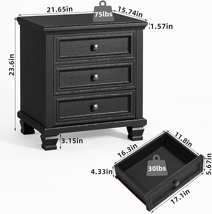 Farmhouse Black Bedroom Sets of 4, Includes 6 Drawer Large Dresser, Vintage Night Stand with 3 Drawers, Small 5 Chest of Drawers, Wood Rustic Dresser & Nightstand Set for Home, Living Room