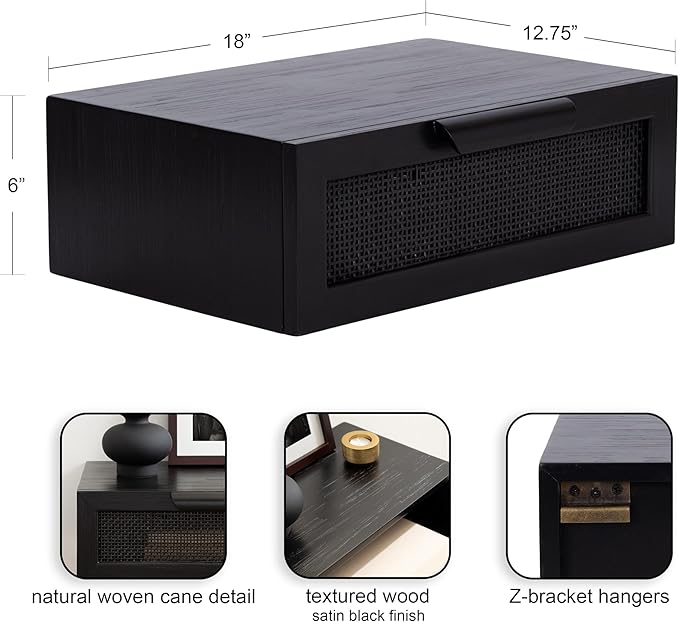Kate and Laurel Ori Transitional Cane Rattan Floating Side Table with Pull-Out Storage Drawer, 18x13x6, Black