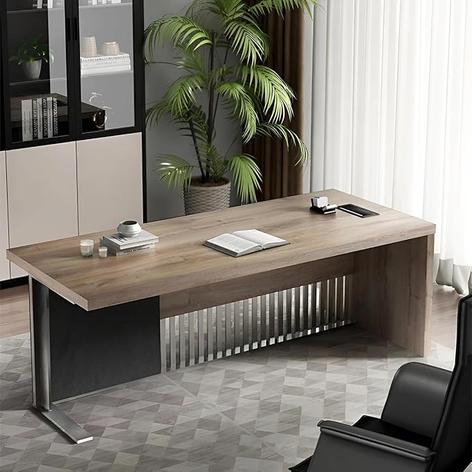 70.87 Inch Modern Executive Office Desk, Computer Writing Desk for Home Office, Business Furniture Workstation Stainless Steels Sturdy Frame 1.97IN Thick Desktop(Right, 70.87×35.5×30 in)
