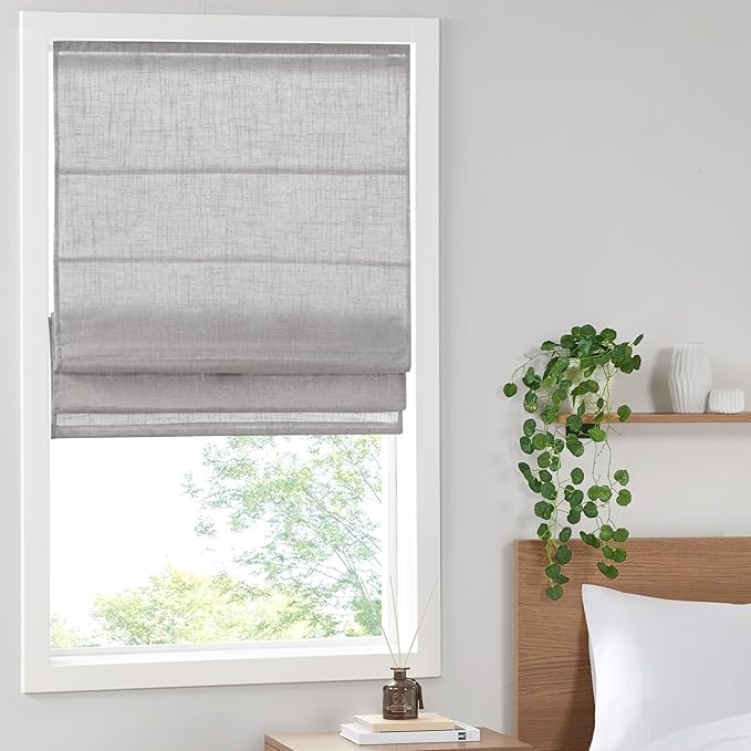 Madison Park Kyler Cordless Roman Shades - Single Panel, Lightweight Linen Blend Fabric, Natural Design, Easy Installation, Light Filtering Window Blind, Bedroom, Living Room Decor 29" W x 64" H Grey