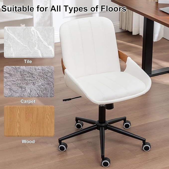 Small Home Office Chair No Arms,PU Leather Desk Chair with Wheels,Adjustable Height Work Chair,360° Swivel Computer Desk Chair for Office, Reading and Study (Beige)