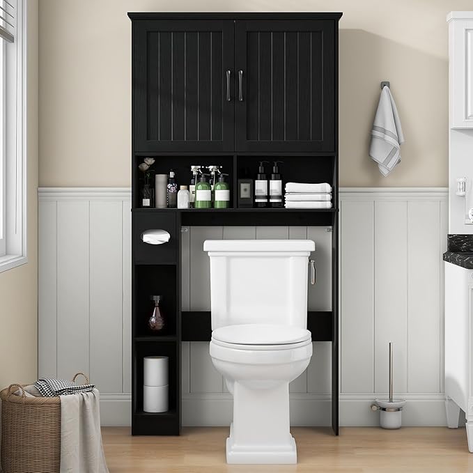 Over The Toilet Storage Cabinet, Farmhouse Storage Cabinet Over Toilet with Barn Door& Toilet Paper Holder Stand,Home Space-Saving Toilet Rack, for Bathroom, Restroom, Laundry.Pure Black