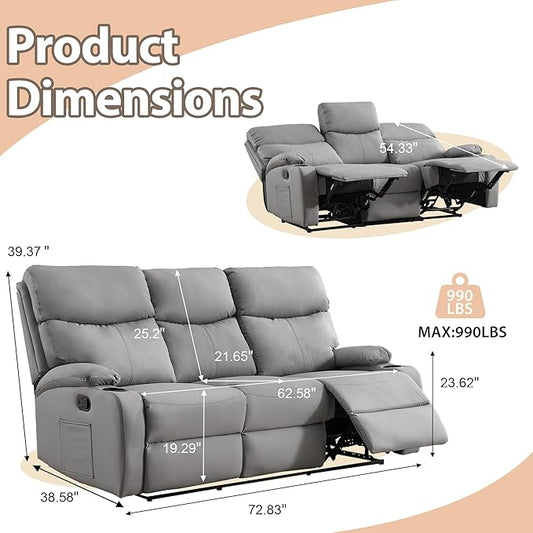 3-Seater Manual Seater Reclining Anti-Scratch 3 Seat Reclining Sofa with Side Pocket and Cupholders Reclining Loveseat Sofa for Living Room Meeting Room Bedroom Office Apartment