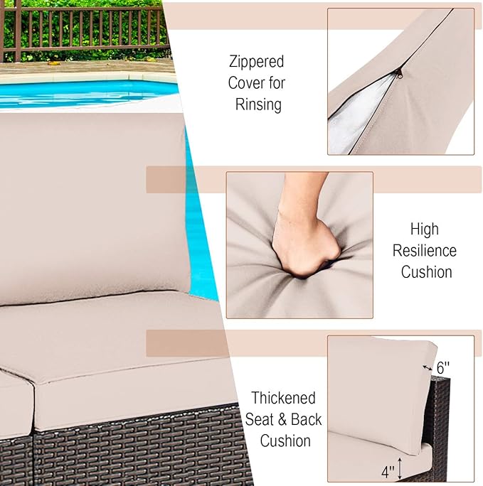 COSTWAY 2PCS PE Rattan Armless Sofa, Wicker Patio Conversation Set Chairs with Soft Cushion, Outdoor Sectional Furniture for Yard, Poolside (Beige)