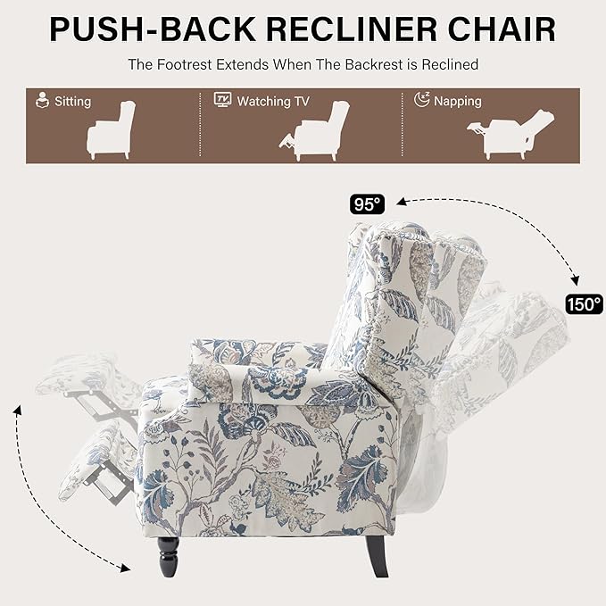 UIXE Floral Pushback Recliner Chairs Set of 2, Fabric Upholstered Armchair Push Back Accent Chair for Living Room, Rivet Trim Club Chair Home Theater Single Sofa Reading Seat - Blue Plants